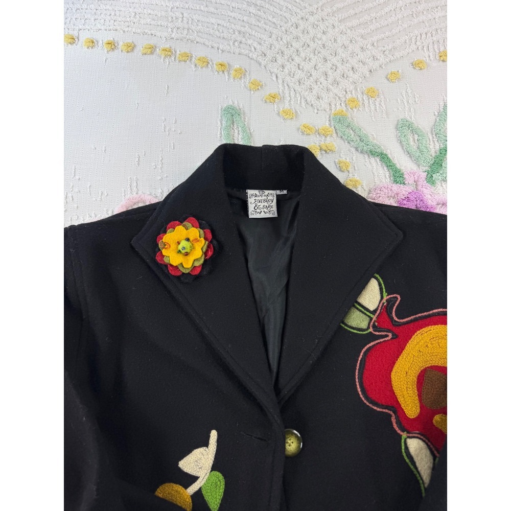 Parsley & Sage vtg Womens Black 100% Wool Floral Applique Jacket Brooch Size M - Picture 6 of 8